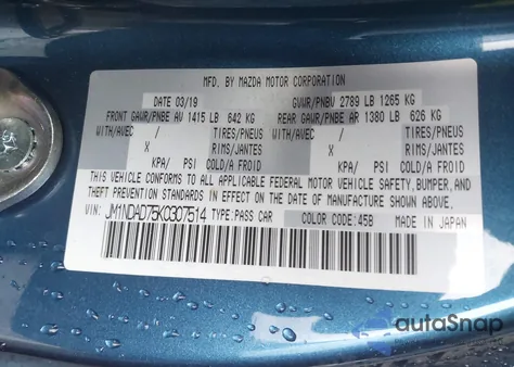 2019 Mazda Mx-5 Miata Grand Touring из США, поврежденный, VIN JM1NDAD75K0307514